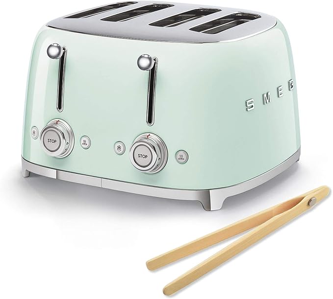 Smeg 50s Retro 4-Slot Toaster TSF03PGUS Bundle with Bamboo Tongs - Pastel Green