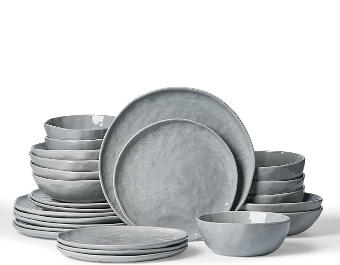 Famiware Porcelain kitchen plates and bowls set Modern dishes set for 6 Handmade Wave Edge Dinnerware Sets Microwave and Dishwasher Safe Tableware Sleek Grey (24pc)