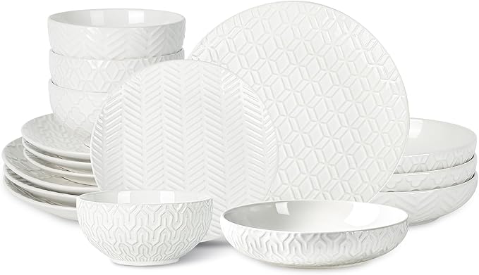 Sureasy Ceramic Dinnerware Set for 4 16 Pieces Embossed Plates and Bowls Sets Scratch Resistant Dish Set Microwave Oven &amp Dishwasher Safe White