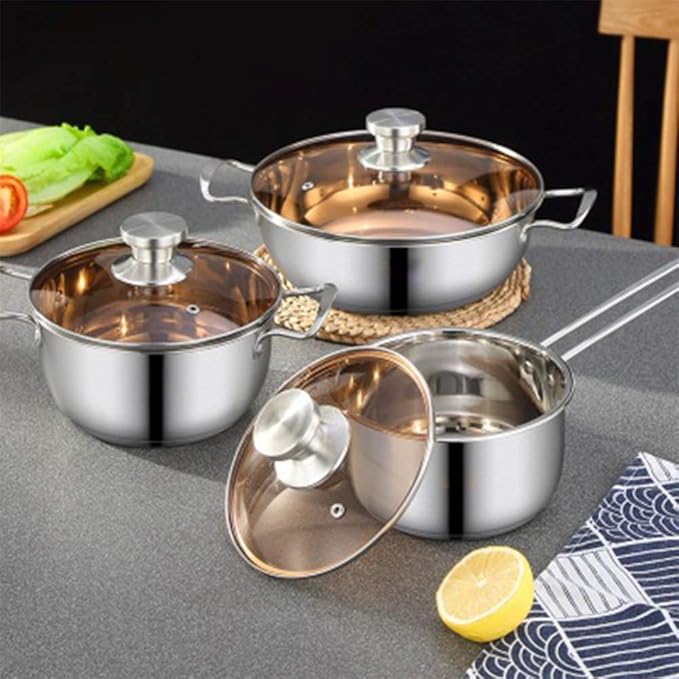 3-Piece Pot Set Polished Stainless Steel Cookware Glass Lid Pot Induction Cooker Induction Cooker Uncoated Soup Pot Wok Pan Easy to Clean Saucepans Sets