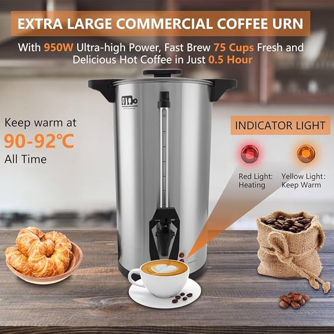 75 Cup 12L/3.17Gallon Commercial Coffee Urn Festa Essential 950W Large Percolate Coffee Maker Hot Beverage dispenser With Double Dripless Faucet Quick-Brewing Hot Water Urn for CateringHomeEvents