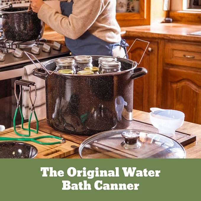 Granite Ware 21.5 Qt Heavy Gauge - 9 Piece water bath canning pot (Speckled Black) with canning toolset rack and preserving kettle.