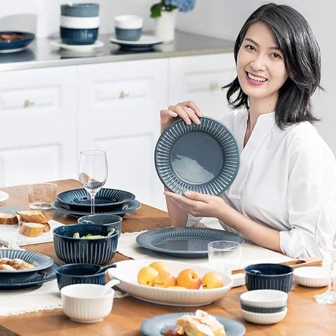 Elegant Resistant Dinner Set46 Pieces White Blue Vertical Pattern Ceramics Dinner Sets Plates Bowls Combination for Family Party