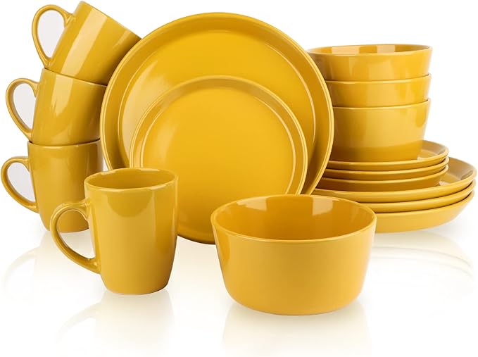 Plates and Bowls Sets 16 Pieces Dinnerware Sets Dishes Set for 4 Christmas Kitchen Set is Home Essentials Yellow