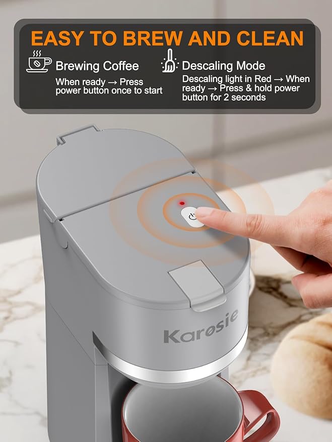 Single Serve Coffee Maker for K-Cup and Ground Coffee Fast Brew 6-12 oz Brew Sizes One Cup Coffee Machine Fits 5.5 Mugs One-Button Small Coffee Maker with Descaling ReminderGrey