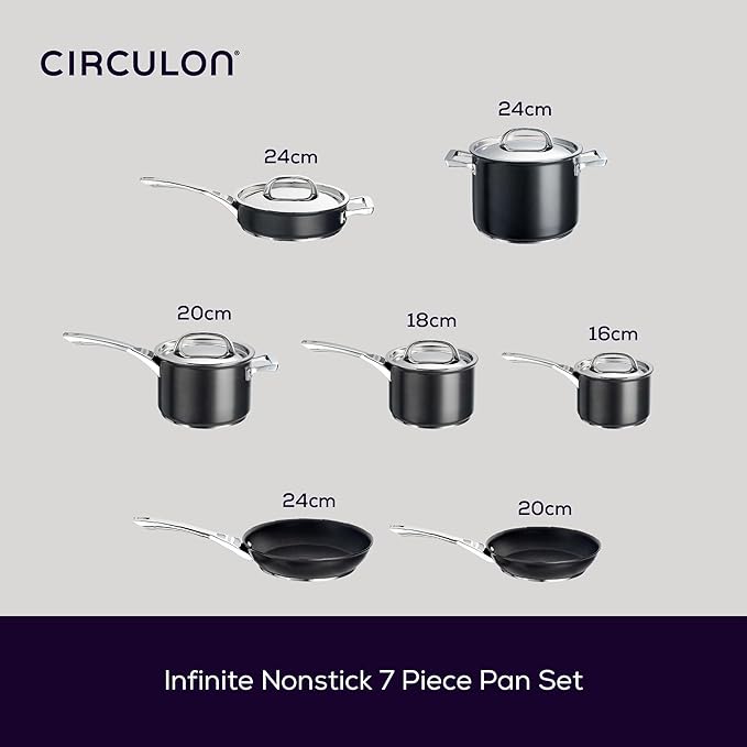 Circulon Infinite Induction Hob Pan Set - 7 Piece Non Stick Pots and Pans Set with Stainless Steel Lids &amp Handles Premium Dishwasher Safe Cookware Black