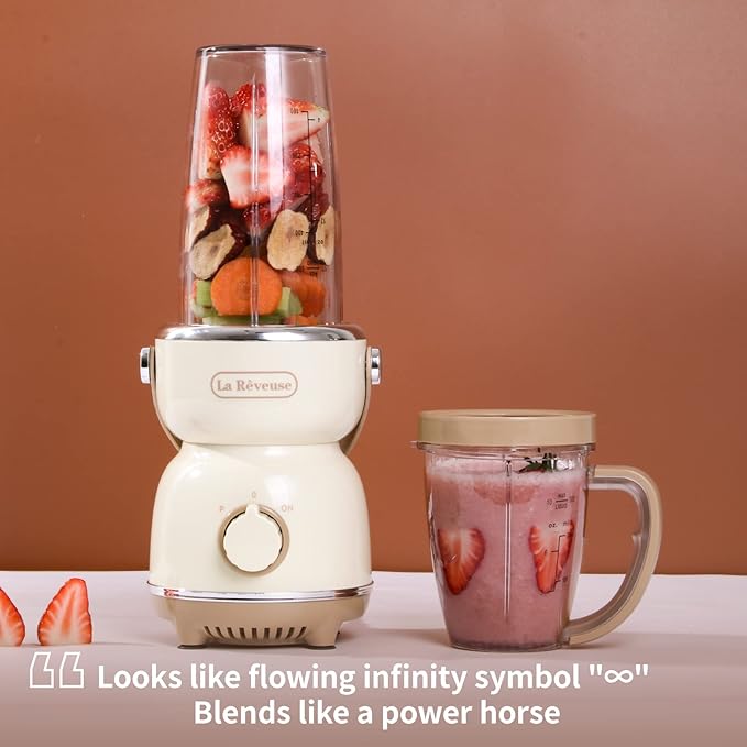 La Reveuse Personal Size Blender 300 Watts for Shakes Smoothies Seasonings Sauces with 17 oz Cup / 10 oz MugRetro Style