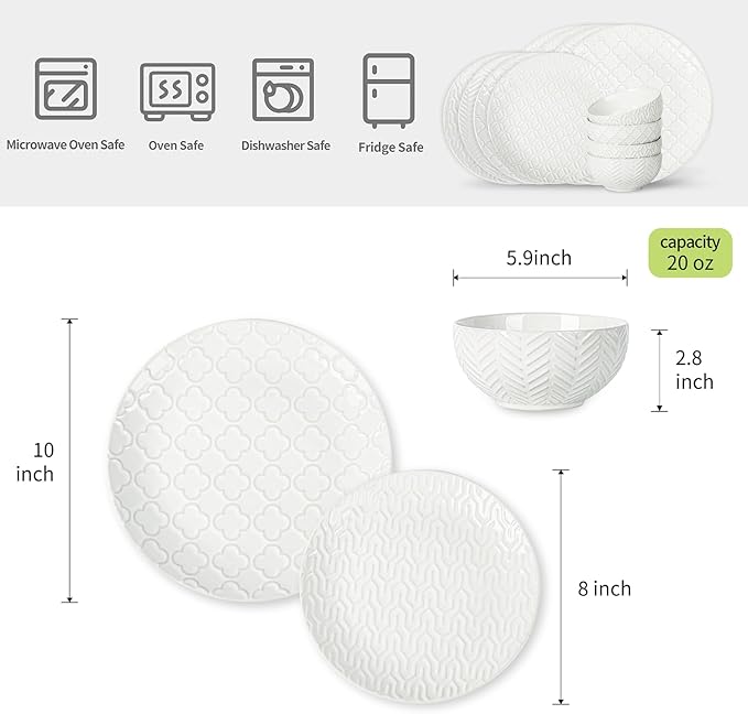 Sureasy Ceramic Dinnerware Sets for 8 24 Piece Embossed Plates and Bowls Sets Scratch Resistant Stoneware Dishes Set Dishwasher and Microwave Safe White