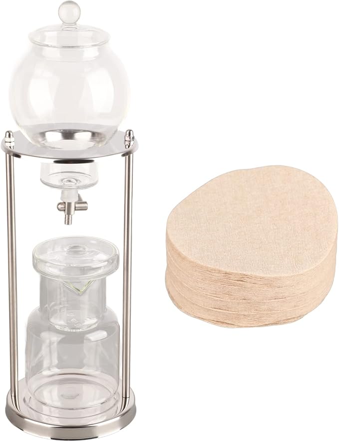 600ml Ice Cold Brew Dripper Coffee MakerCold Brew Drip TowerReusable Glass Cold Brew Maker Filtering Transparent Stainless Steel Stand DIY Ice Coffee Brew Tower