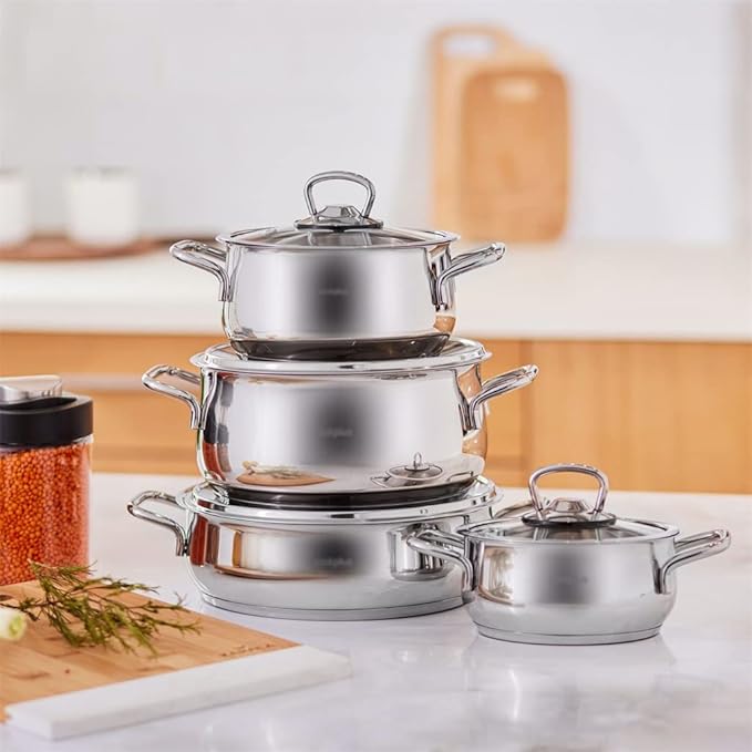 JSEIAJB 8 Piece Cookware Set Stainless Steel Stock Pot Sauce Pot Milk Pot Kitchen Cooking Cookware Set
