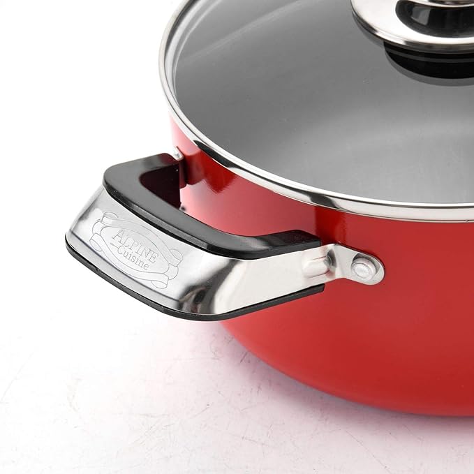 Alpine Cuisine 16-Piece Nonstick Aluminum Cookware Set - Heavy-Duty 2.5mm Pots and Pans with 3Qt 6Qt &amp 10Qt Dutch Ovens 11 Wok 10 Fry Pan Tempered Glass Lids &amp Utensils - Red