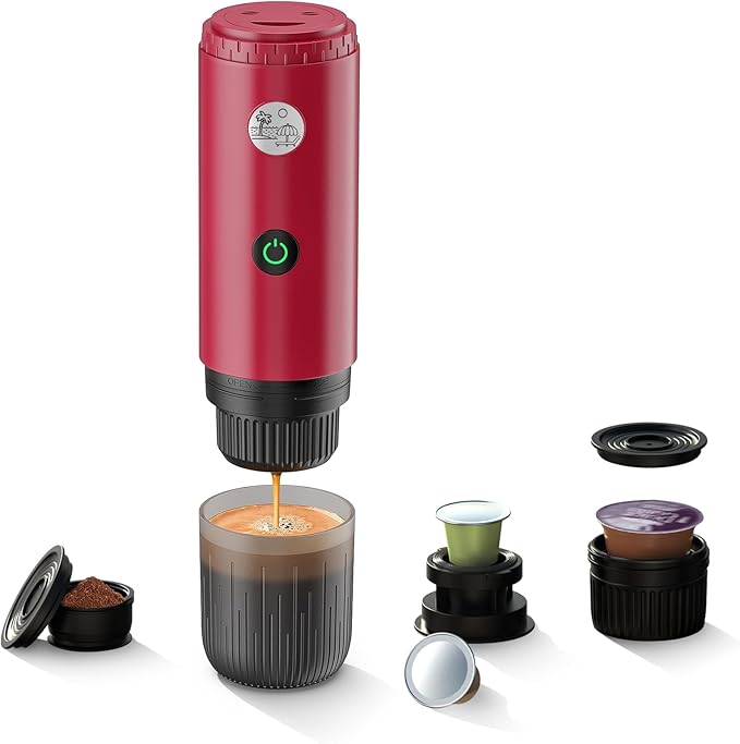 BENFUCHEN 3 in 1 Portable Electric Espresso Machine for Nespresso Capsule Travel Coffee Maker with Ground Coffee for Camping RV Hiking OfficeCar Coffee Maker Self-Heating with USB-C (Red)