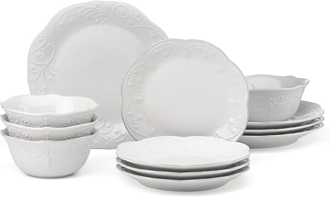 Lenox Dinnerware Set French Perle White 12-Piece Set Service For 4 Stoneware Material Dishwasher Safe Microwave Safe Plates Bowls Home &amp Kitchen Plates And Bowls Sets (White 12 Piece)