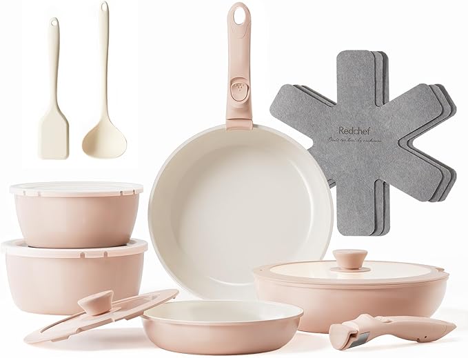 Redchef 17pcs Ceramic Pots and Pans Set Non Stick Nonstick Kitchen Cookware Set with Detachable Handle Non Toxic PFAS PFOA &amp PTFE Free RV Ceramic Cookware Set for Camping Dishwasher/Oven Saf
