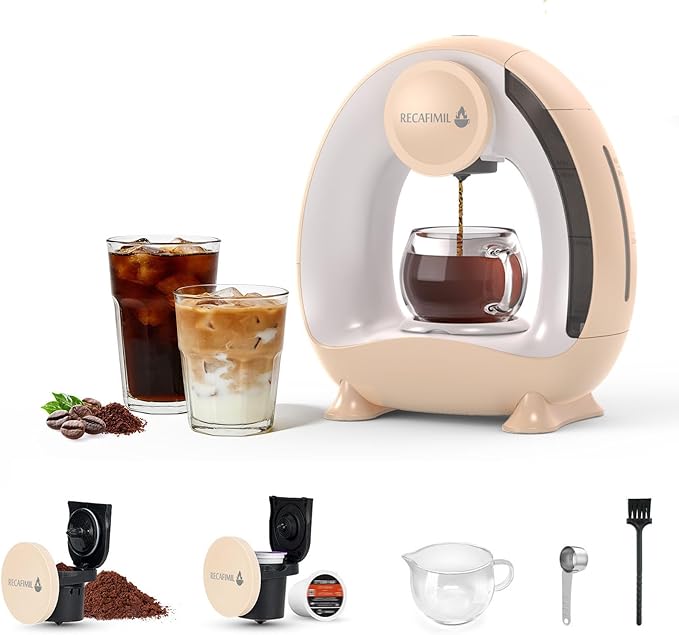 Single Serve Coffee Maker For K Cup Pod and Coffee Grounds /Tea Fast Brew in 2 minutes 2 IN 1 One Button Coffee Machine 4-8 Oz Brew Sizes Stylish＆Compact For Home Office RV and Dorm Champagne