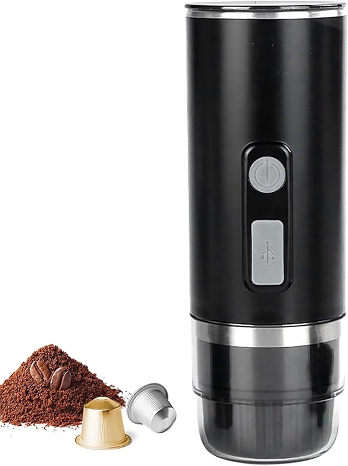 Portable Espresso Machine Travel Coffee Maker Set with 12/24V Car Heating Function Compatible with Small/Large Capsules and Ground Coffee for Camping Car RV Hiking Office Home