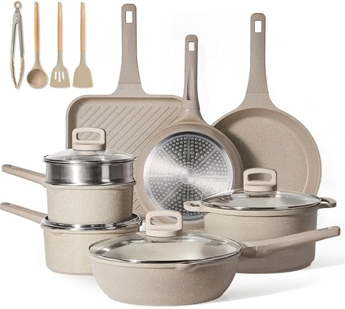 Pots and Pans Set Non Stick 16Pcs Kitchen Cookware Set Stackable Induction Cookware Pot and Pan Set Pans for Cooking16 Pcs Taupe GranitA