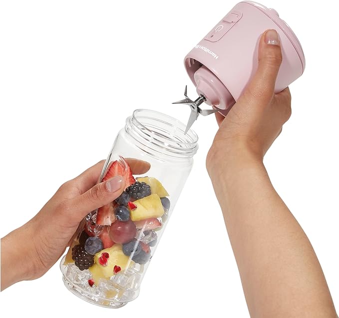 Hamilton Beach Mini Cordless Portable Personal Blender for Shakes and Smoothies USB Rechargeable 16 oz. Jar with Leakproof Travel Lid 6 Stainless Steel Blades Pink (51181)