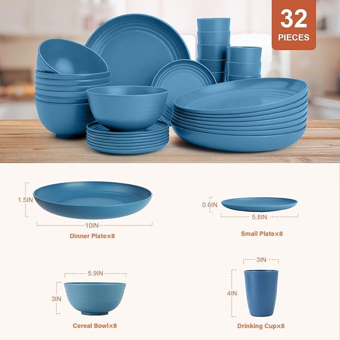 Dinnerware Sets for 8 Wheat Straw Bowls and Plates Set Microwave and Dishwasher Safe Dish Sets 32 PCS Unbreakable &amp Lightweight Camping Plates Cups and Bowls Set for Kitchen - Blue