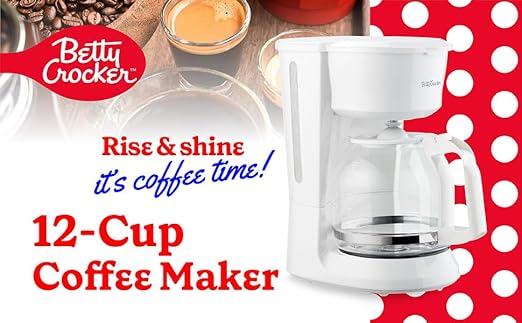 Betty Crocker 12-Cup Drip Coffee Maker with Heat Resistant Glass Carafe Removable Permanent Nylon Filter Pause &amp Pour Water Level Gauge Non-Stick Warming Plate BC-5729W White