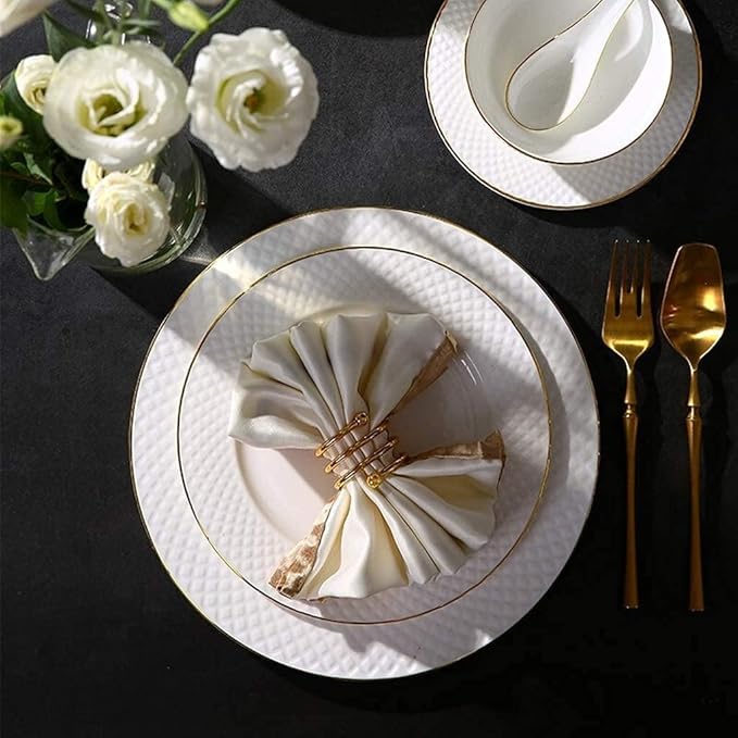 Dinnerware Set Plates and Bowls Sets Bowl/Dish/Soup Pot/Spoon|Bone China Dinner SetsWhite Embossed Gold Rim Pattern Porcelain Combination Set