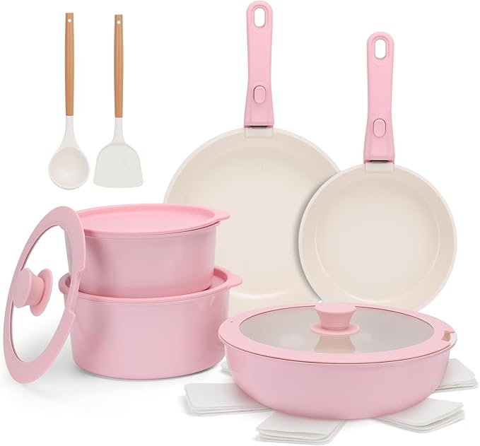17 Piece Ceramic Pots and Pans Set Non Stick Cookware Set with Detachable Handle Dishwasher/Oven Safe Induction Ready Stackable RV Kitchen Cooking Set Removable Handles Pots Protectors Pink