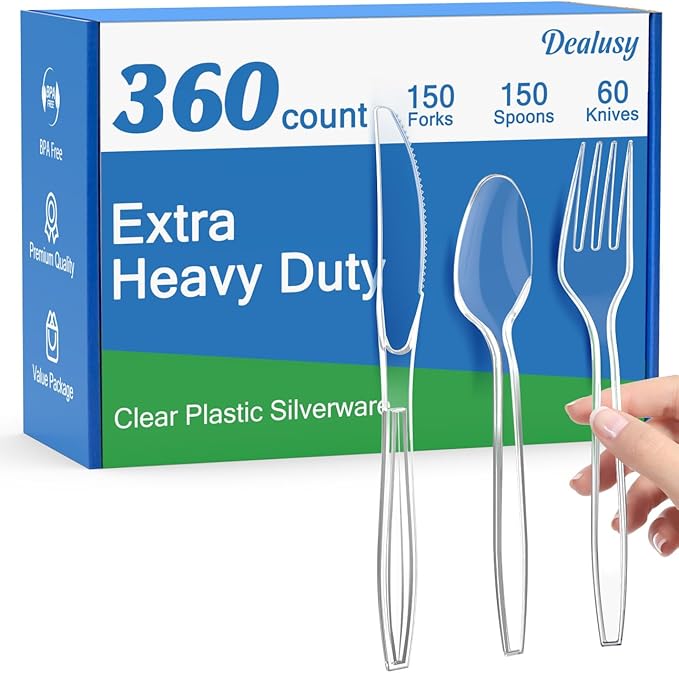 360 Count Extra Heavy Duty Clear Plastic Silverware 150 Forks 150 Spoons 60 Knives BPA-Free Heat Resistant Disposable Plastic Utensils Set Plastic Cutlery Set Plasticware Bulk