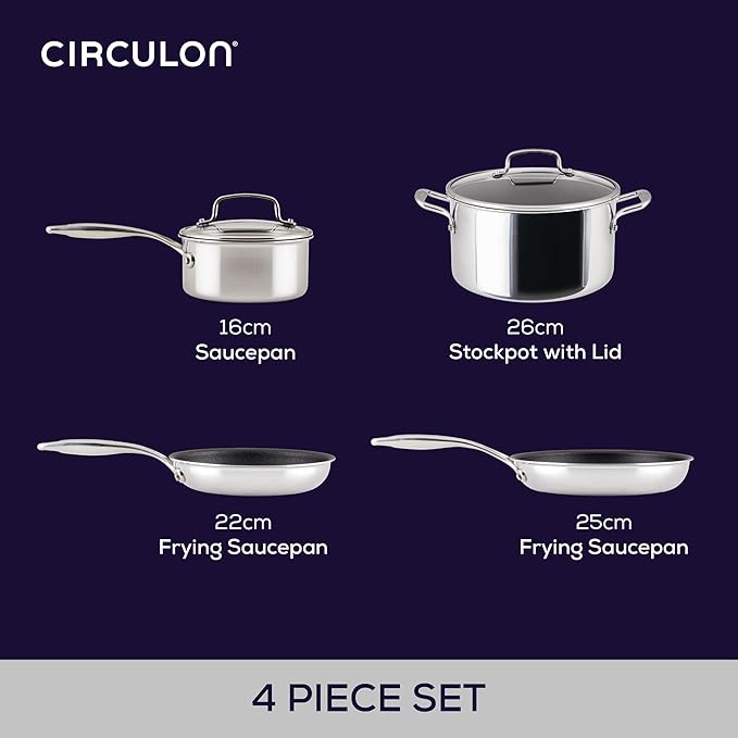 Circulon Scratch Defense Stainless Steel Pan Set: 4 Piece Induction Hob Pan Set with Extreme Non Stick Induction &amp All Hob Suitable