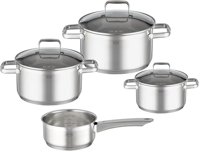 RÖSLE CHARM 4-Piece Saucepan Set High-Quality Universal Pot Set with 3 Saucepans and 1 Saucepan 18/10 Stainless Steel Glass Lid Inner Scale Suitable for Induction Dishwasher Safe