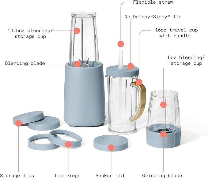 Personal Blender Set 12-Piece 240W Compact Single Serve Blender with Blending and Grinding Cups BPA-Free Dishwasher Safe (Cornflower Blue)