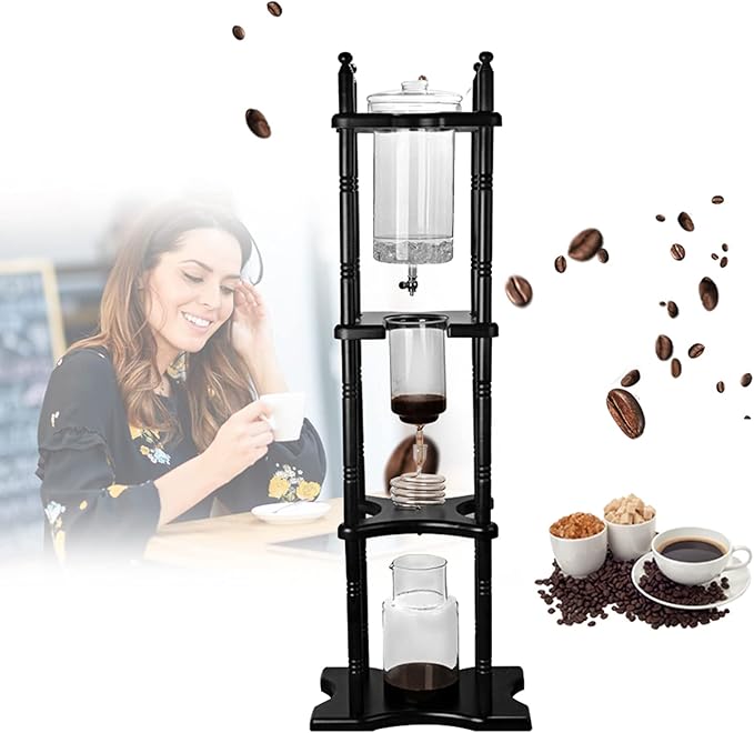 Cold Drip Coffee Maker 2L Large Capacity Cold Brew Coffee Tower Wood Straight Frame Slow Drip Cold Brew Maker Ice Cold Brew Dripper Coffee Maker for Home Coffee Shop bars clubs parties