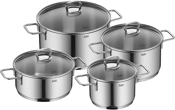 Silit Alicante 4-Piece Saucepan Set with Glass Lid Induction Pots Polished Stainless Steel Uncoated Oven-Safe