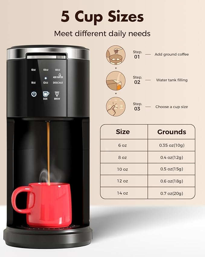 Kismile Single Serve Coffee Maker 2 in 1 Pod Coffee Maker Machine for K-Cup &amp Ground 6 to 14oz Brew Sizes 40oz Removable Water Reservoir LCD Screen Self-cleaning（Black）