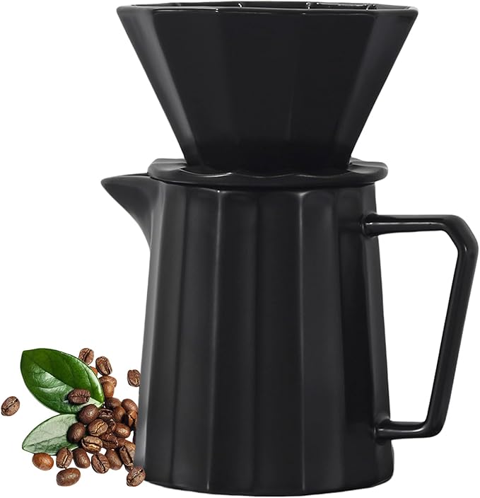 Pour Over Coffee Maker Set Premium Ceramic Coffee Dripper with 15oz/450ml Capacity Manual V60 Style Coffee Maker Ideal for Home Office and Travel (Black)