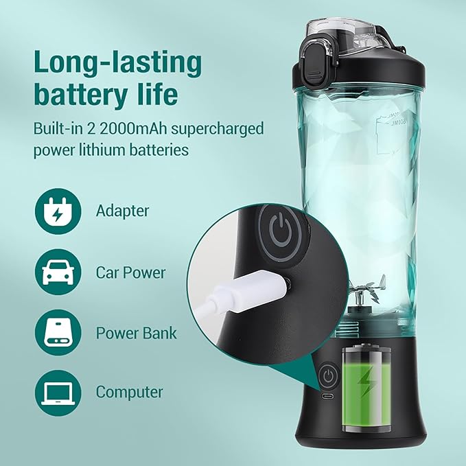 Mini Juice Blender Personal Juicer Cup with 600ml Capacity and 6 Sharp 304 Stainless Steel Blades 18000 RPM and 2 Modes Optional for Travel Sports