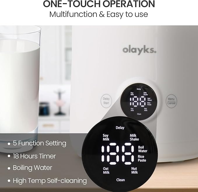 olayks Nut Milk Maker Machine 20oz Automatic Soy Milk Maker with 12 Blades for Homemade Soy Oat Almond Plant Based Milk and Non Dairy Beverages Delay Start/Self-Cleaning/Boil Water with Recipe
