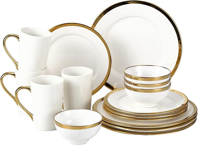 Modern Poreclain 16 Piece Dinnerware Set Plates and Bowls Set Dish set for 4 White And Golden RimDinnerware Sets With Gold Trim