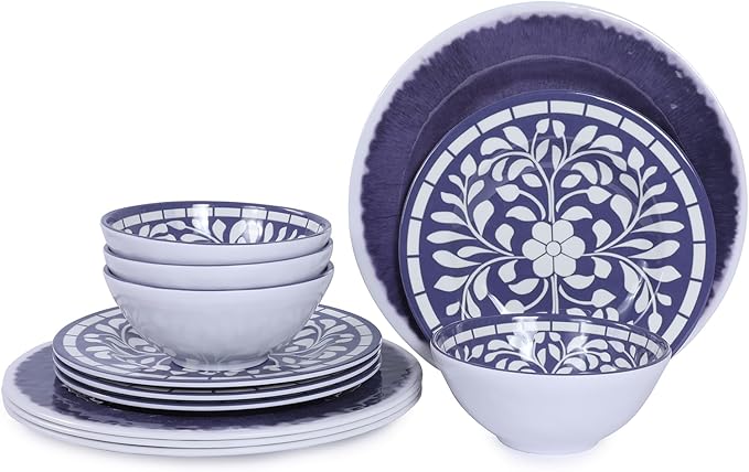 Melamine Dinnerware Set 12 Pieces Plates and Bowls Set Unbreakable Dish SetLightweightCampingDishwasher SafeService for 4 Blue-purple