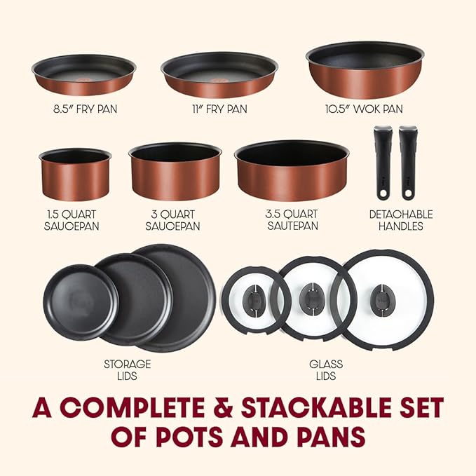 T-fal Ingenio Expertise Non Stick Cookware Set 14 Piece Induction Oven Broiler Safe 500F Stackable Pots and Pans RV Camping Fry Pans Dishwasher Safe Detachable/Removable Handle Copper