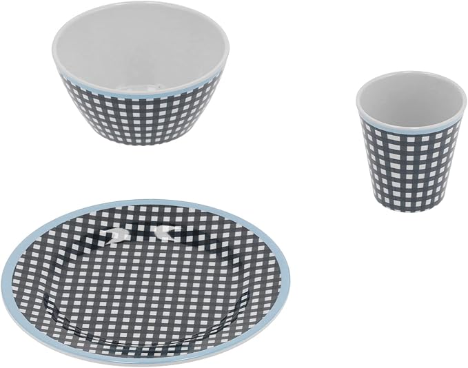 Dark Blue Grid Pattern Melamine Tableware Set Dinnerware Cutlery Salad Plate Bowl Cup Kit for Home Restaurant Scald Proof Tableware with 500ml Bowl 260ml Cup