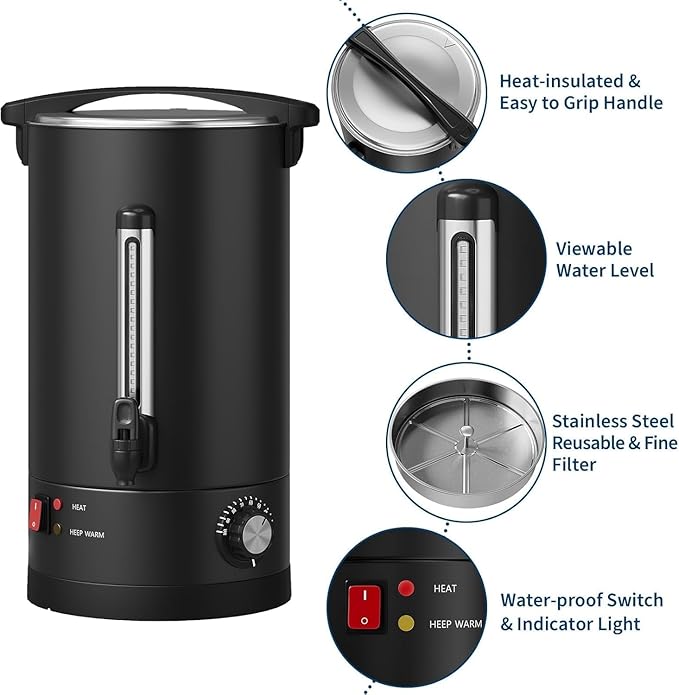 120 Cup 16L Commercial Coffee Maker | Large Capacity Coffee Urn with Double-Wall 304 Stainless Steel | Quick Brew Dispenser for Offices Meetings &amp Large Gatherings Black