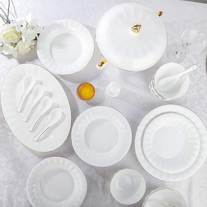 50 Pieces Dinnerware Set Porcelain Fine Bone China Home Kitchen Serving Dinner Set with White Round Cereal Bowls Plates Dishes Soup Pot with Gold Rim Service for 10