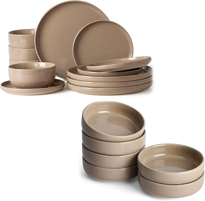 Famiware Milkyway Plates and Bowls Set of 12 and 4oz Dipping Bowls Set of 6 18 Pieces Dinnerware Sets Cinnamon Brown