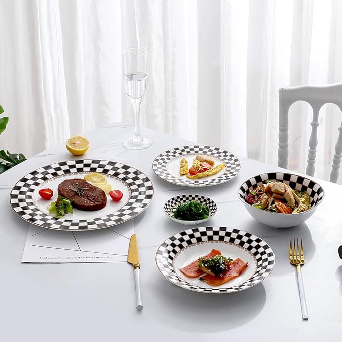 Porlien Checker Pattern 20-piece Round Dinnerware Set for 4 Porcelain Dinner Sets