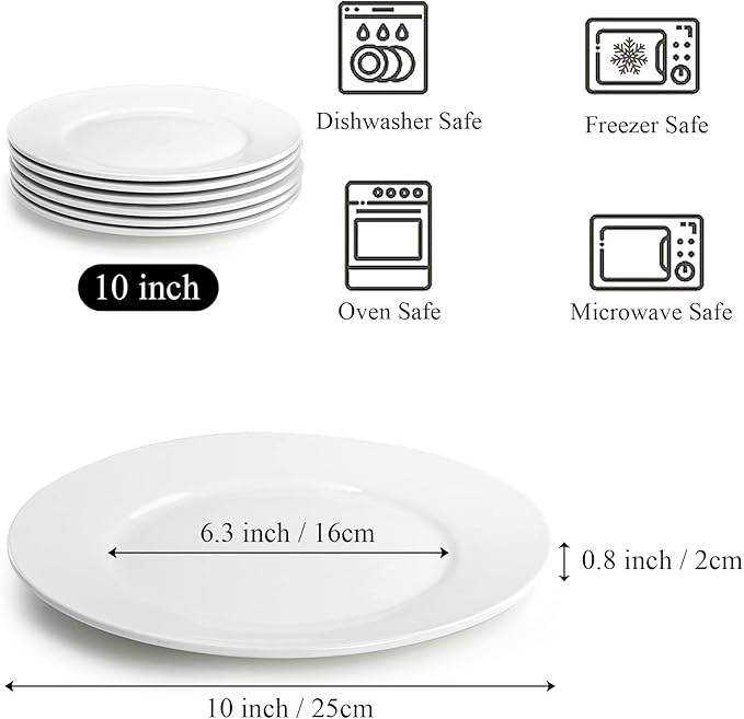 Foraineam White Dinner Plates Set 10 Inch Porcelain Dessert Salad Plate Catering Round Serving Dishes Dinnerware Sets Microwave Oven and Dishwasher Safe Set of 6