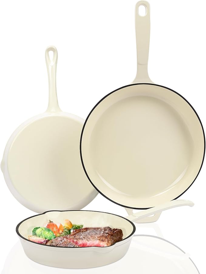 Hisencn Enameled Cast Iron Skillet Set - 3-Piece Fry Pans (89.511) PFAS/PTFE/PFOA-Free Oven &amp Induction Safe Cream White Cookware for Gas Electric Ceramic Stovetops
