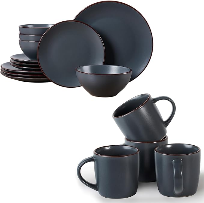 Famiware Venus Dinnerware Sets and Mercury Coffee Mugs Set of 4 16 Pieces Plates and Bowls Sets Microwave and Dishwasher Safe Charcoal
