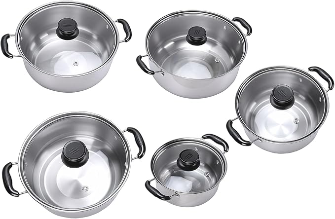 5PCS Stainless Steel Cookware Set Glass Lids Kitchen Cooking Pots for Induction Cooktop with Sturdy Structure and Easy to