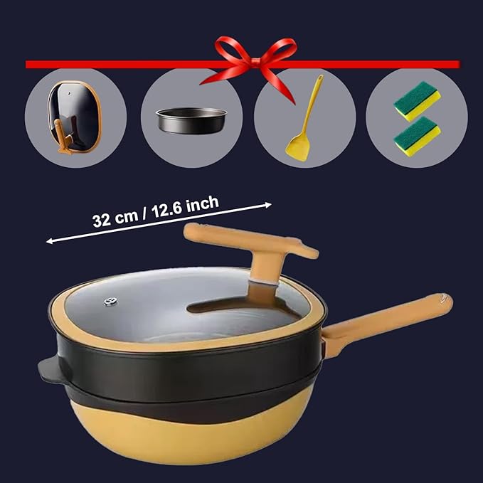 Titanium Cookware Set with Lids Multi-Purpose Deep Saute Pan Titanium Pots and Pans Set for Frying Eggs Stewing Braising Titanium PansYellow32cm