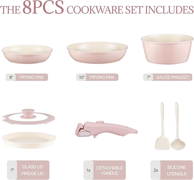 Ceramic Cookware Set Non Stick 8Pcs Pots and Pans Set Detachable Handle Induction Kitchen Cooking Set with Frying Pans Oven Dishwasher Safe PFAS/PFOA Free Pink